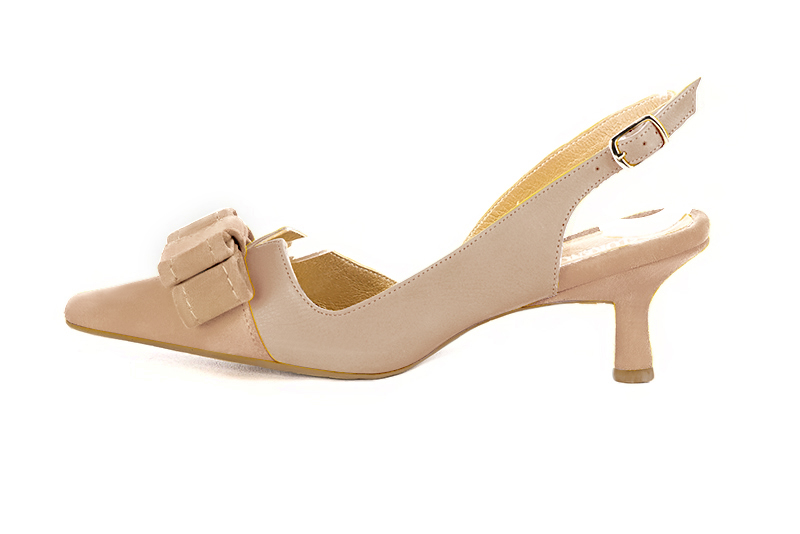 Tan beige women's open back shoes, with a knot. Tapered toe. Medium spool heels. Profile view - Florence KOOIJMAN